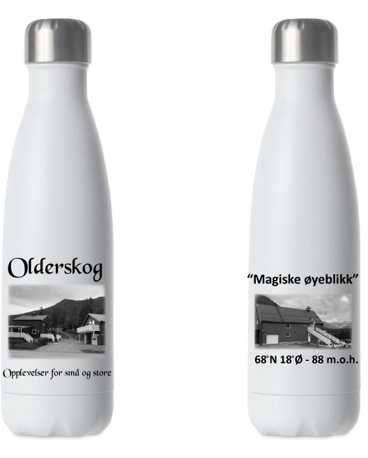 Olderskog drikkeflaske i stål hvit, med trykk av Olderskog gård 